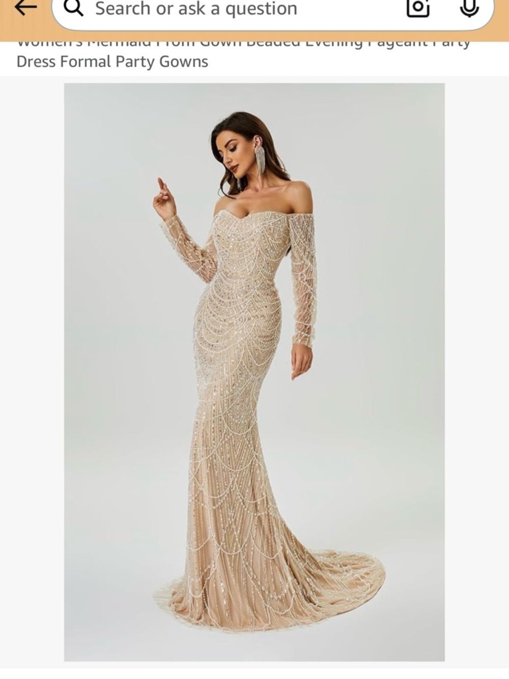 Off-Shoulder Beaded Mermaid Evening Dress in Champagne